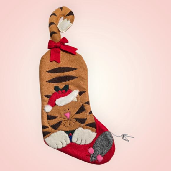 Vtg Kitty Christmas Stocking Hinged Tale 18" Orange Striped Cat Santa Mouse - Picture 3 of 7